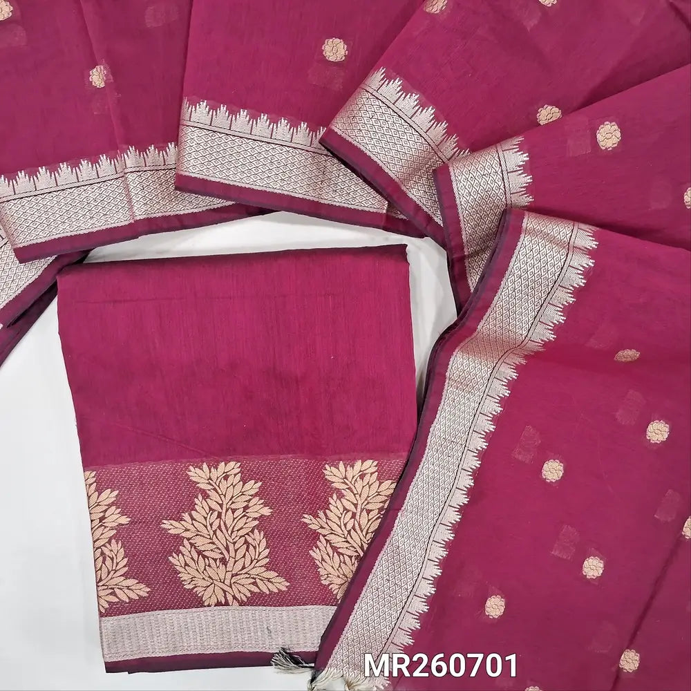 Rani pink fancy silk cotton unstitched salwar material,golden thread weaving daman border, (lining needed)NO BOTTOM,weaving buttas on fancy sik cotton dupatta with thread woven borders. MR260701