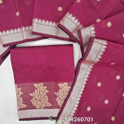 Rani pink fancy silk cotton unstitched salwar material,golden thread weaving daman border, (lining needed)NO BOTTOM,weaving buttas on fancy sik cotton dupatta with thread woven borders. MR260701