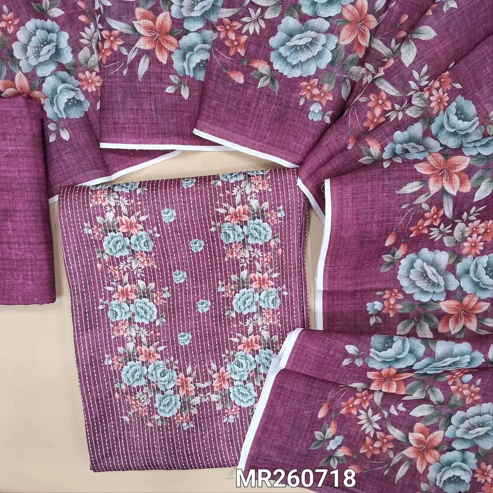 Purple soft spun cotton unstitched salwar material, floral printed yoke, kantha stitch allover (lining optional) printed spun silk cotton bottom, floral printed semi linen dupatta. MR260718