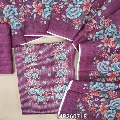 Purple soft spun cotton unstitched salwar material, floral printed yoke, kantha stitch allover (lining optional) printed spun silk cotton bottom, floral printed semi linen dupatta. MR260718