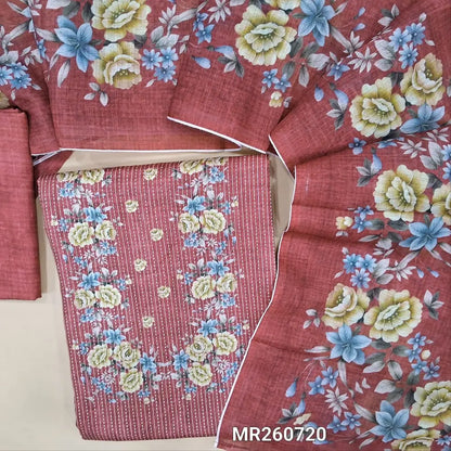 Pink soft spun cotton unstitched salwar material, floral printed yoke, kantha stitch allover (lining optional) printed spun silk cotton bottom, floral printed semi linen dupatta. MR260720