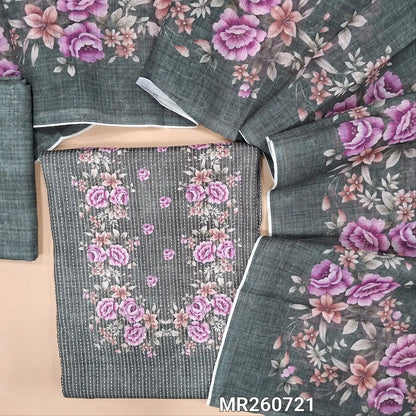 Dark grey soft spun cotton unstitched salwar material, floral printed yoke, kantha stitch allover (lining optional) printed spun silk cotton bottom, floral printed semi linen dupatta. MR260721