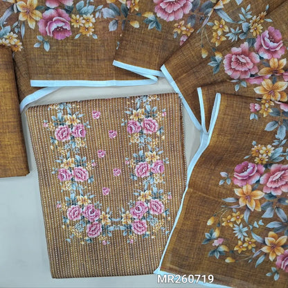 Mehandhi yellow soft spun cotton unstitched salwar material, floral printed yoke, kantha stitch allover (lining optional) printed spun silk cotton bottom, floral printed semi linen dupatta. MR260719