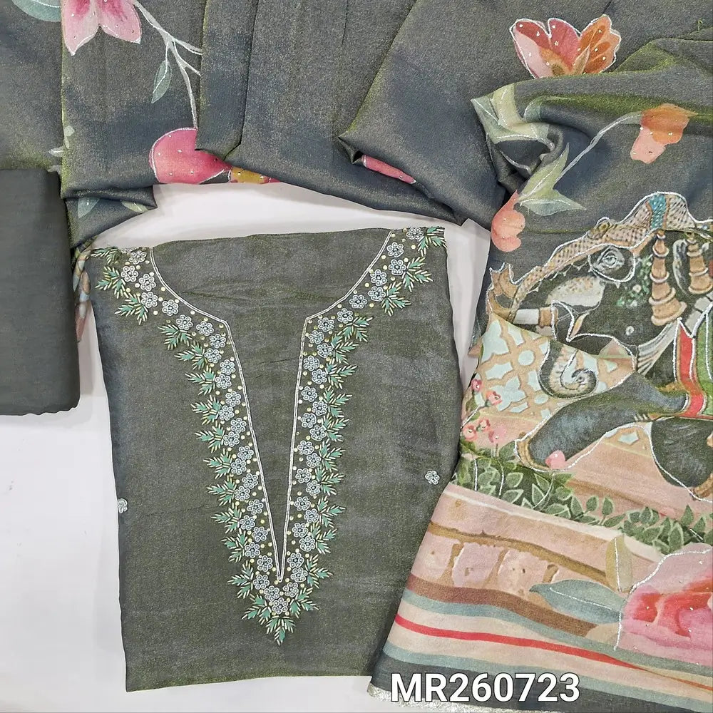 Dark olive green with golden tint pure tissue silk unstitched salwar material, zarodzi and cut bead work on yoke ( lining needed)matching santoon bottom, digital printed highlighted with zari work on pure tissue silk full length dupatta. MR260723