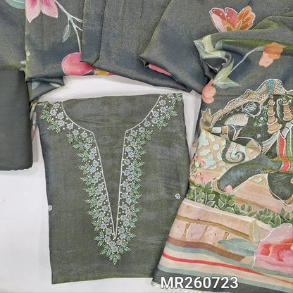 Dark olive green with golden tint pure tissue silk unstitched salwar material, zarodzi and cut bead work on yoke ( lining needed)matching santoon bottom, digital printed highlighted with zari work on pure tissue silk full length dupatta. MR260723