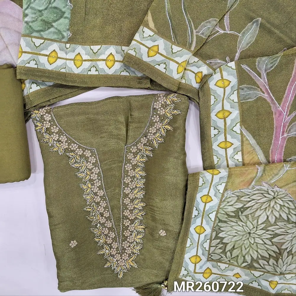 Mehandhi green with golden tint pure tissue silk unstitched salwar material, zarodzi and cut bead work on yoke ( lining needed)matching santoon bottom, digital printed highlighted with zari work on pure tissue silk full length dupatta. MR260722
