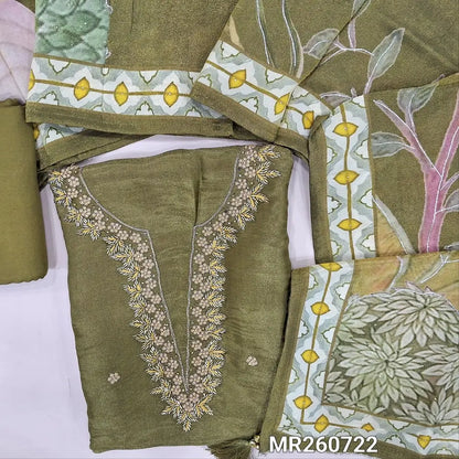 Mehandhi green with golden tint pure tissue silk unstitched salwar material, zarodzi and cut bead work on yoke ( lining needed)matching santoon bottom, digital printed highlighted with zari work on pure tissue silk full length dupatta. MR260722