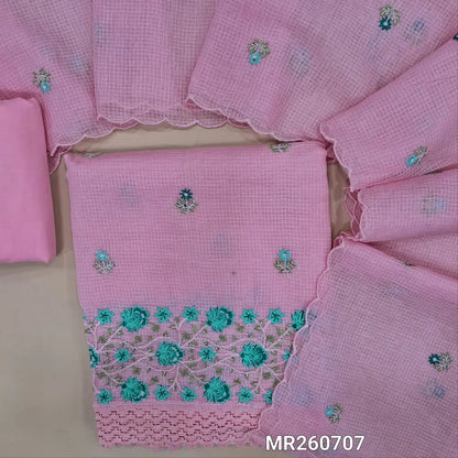 Pastel Pink kota cotton unstitched salwar material (lining needed) rich embroidery on daman, matching cotton bottom, embroidery kota cotton dupatta with scallop borders. MR260707