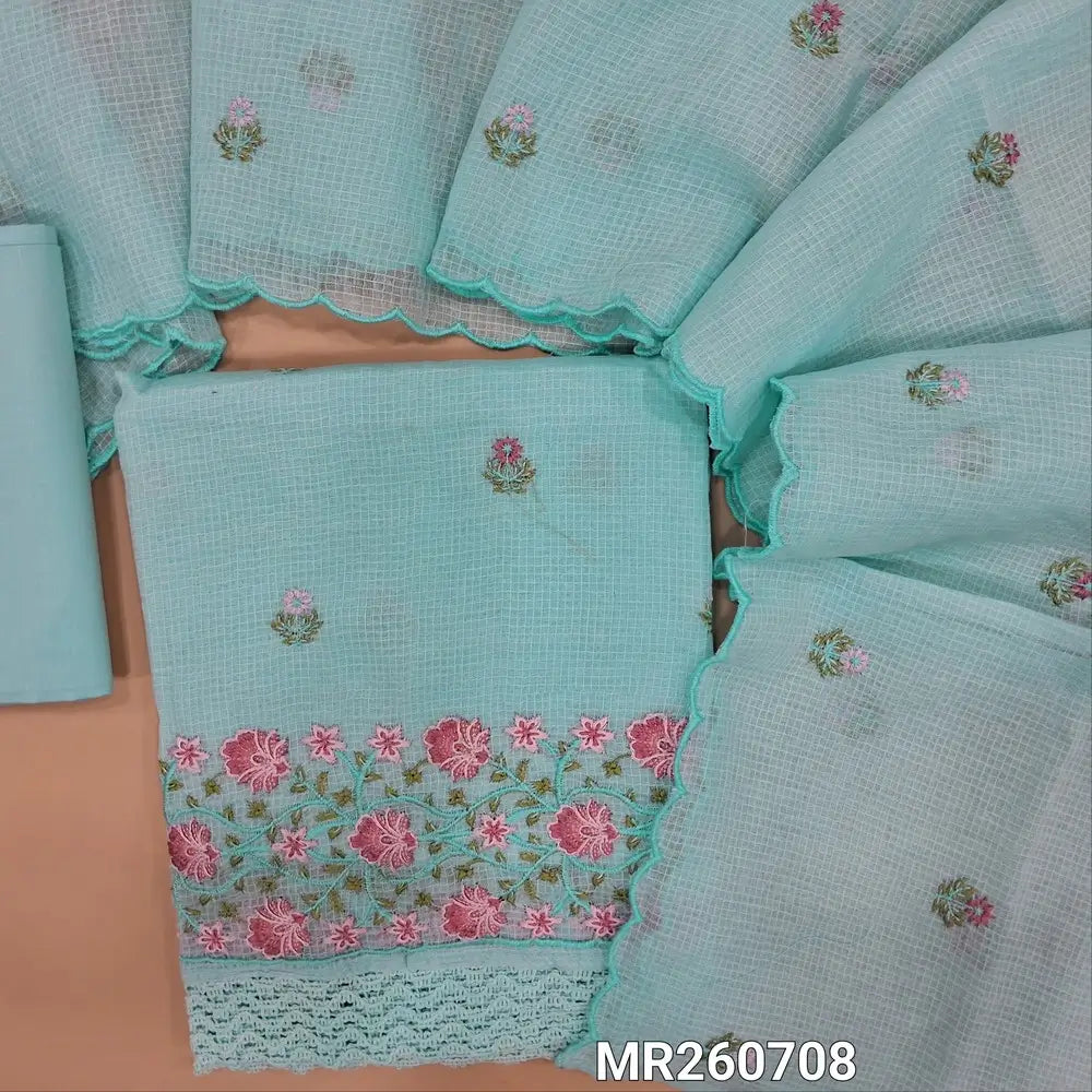 Pastel Blue kota cotton unstitched salwar material (lining needed) rich embroidery on daman, matching cotton bottom, embroidery kota cotton dupatta with scallop borders. MR260708