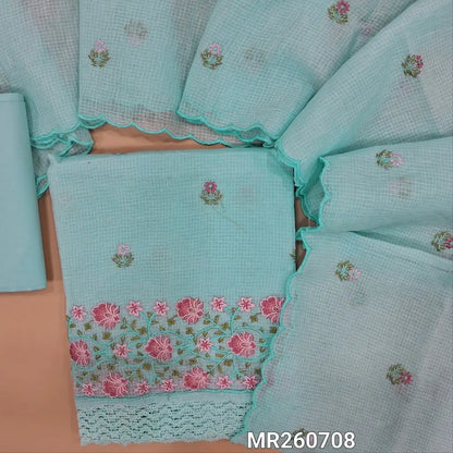 Pastel Blue kota cotton unstitched salwar material (lining needed) rich embroidery on daman, matching cotton bottom, embroidery kota cotton dupatta with scallop borders. MR260708