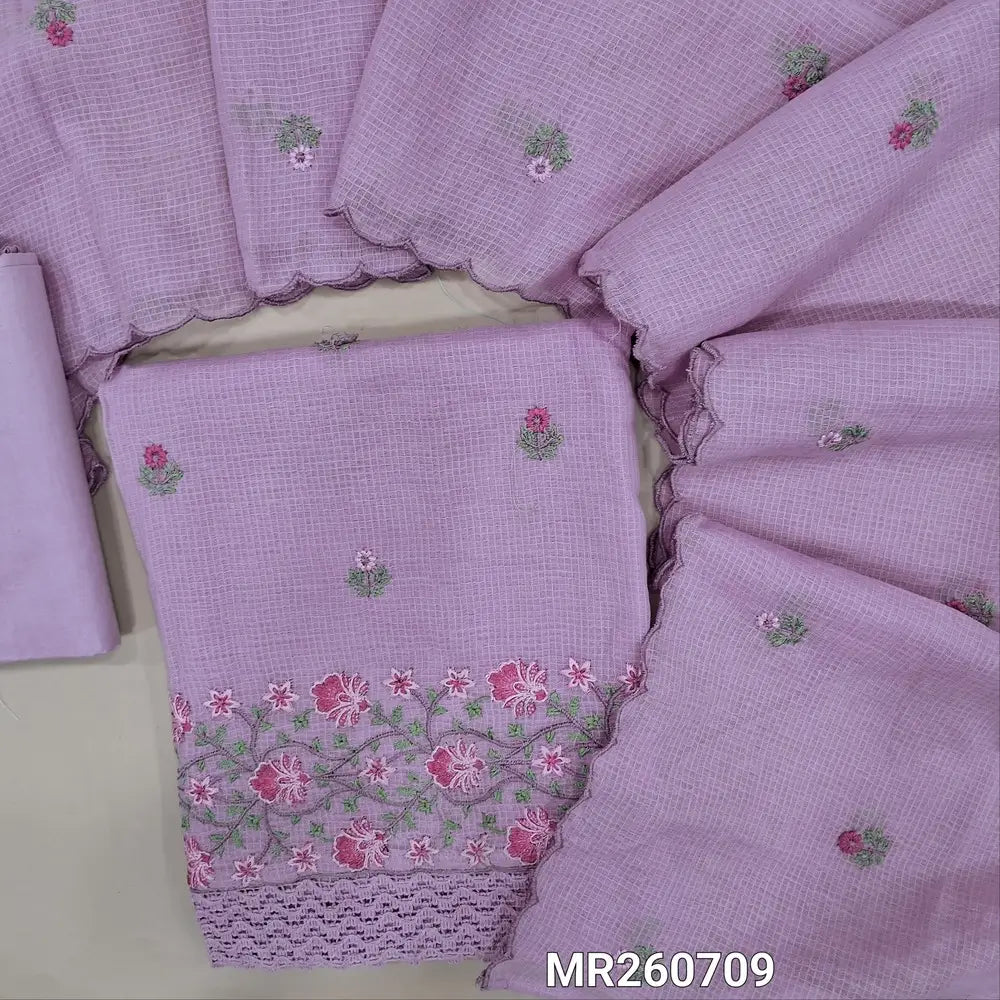 Light Purple kota cotton unstitched salwar material (lining needed) rich embroidery on daman, matching cotton bottom, embroidery kota cotton dupatta with scallop borders. MR260709