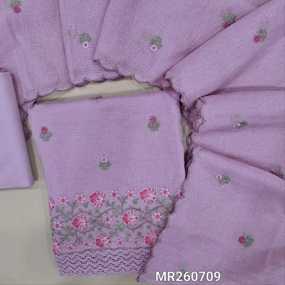 Light Purple kota cotton unstitched salwar material (lining needed) rich embroidery on daman, matching cotton bottom, embroidery kota cotton dupatta with scallop borders. MR260709