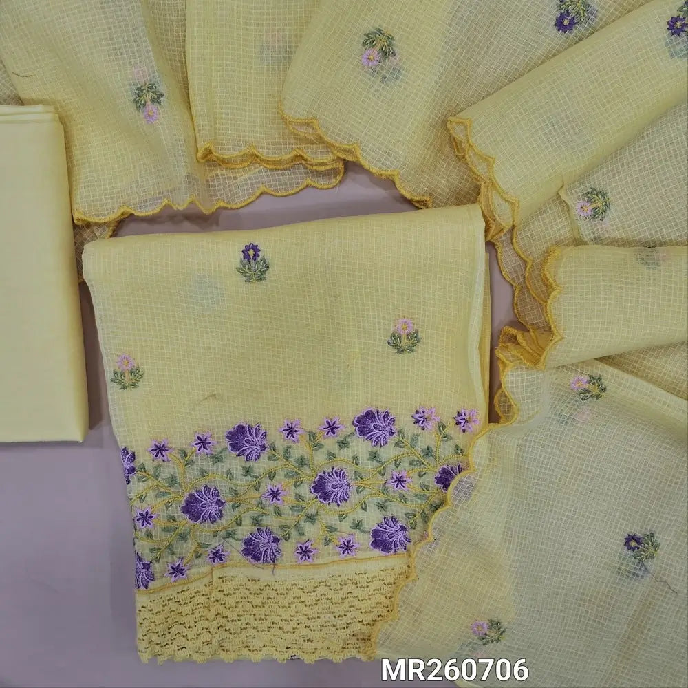 Pastel Yellow kota cotton unstitched salwar material (lining needed) rich embroidery on daman, matching cotton bottom, embroidery kota cotton dupatta with scallop borders. MR260706