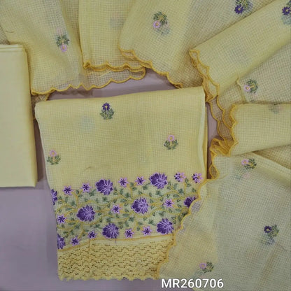 Pastel Yellow kota cotton unstitched salwar material (lining needed) rich embroidery on daman, matching cotton bottom, embroidery kota cotton dupatta with scallop borders. MR260706