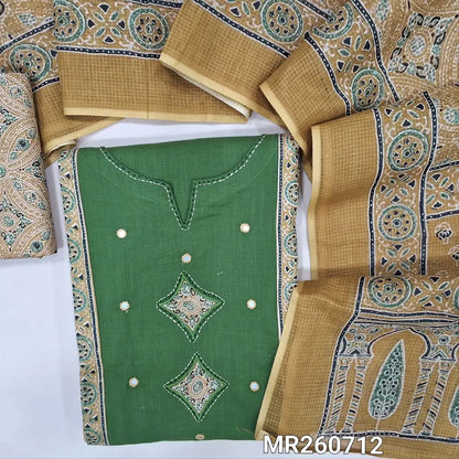 Green premium cotton unstitched salwar material,round notch neck with kantha stitch, applique work and mirror, ajrak design on panel(lining optional) mehandhi yellow ajrak printed cotton bottom, ajrak printed kota cotton dupatta. MR260712