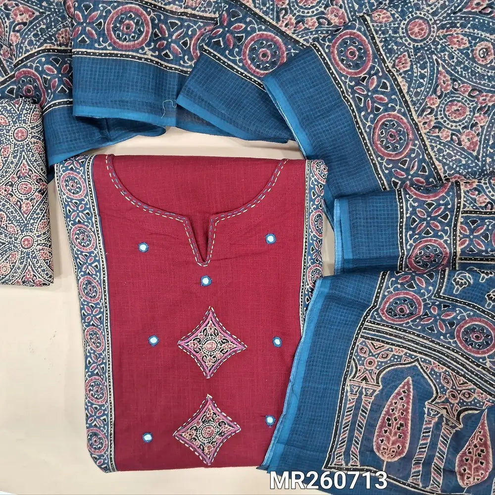 Pink premium cotton unstitched salwar material,round notch neck with kantha stitch, applique work and mirror, ajrak design on panel(lining optional) blue ajrak printed cotton bottom, ajrak printed kota cotton dupatta. MR260713