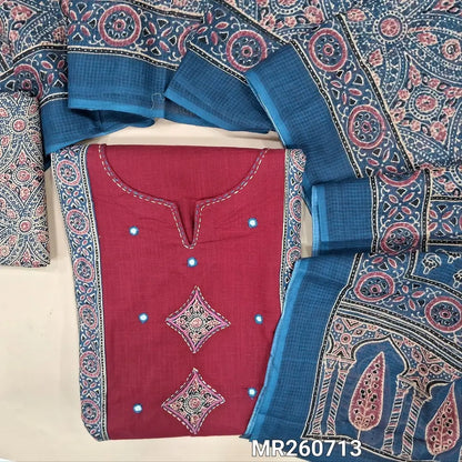 Pink premium cotton unstitched salwar material,round notch neck with kantha stitch, applique work and mirror, ajrak design on panel(lining optional) blue ajrak printed cotton bottom, ajrak printed kota cotton dupatta. MR260713