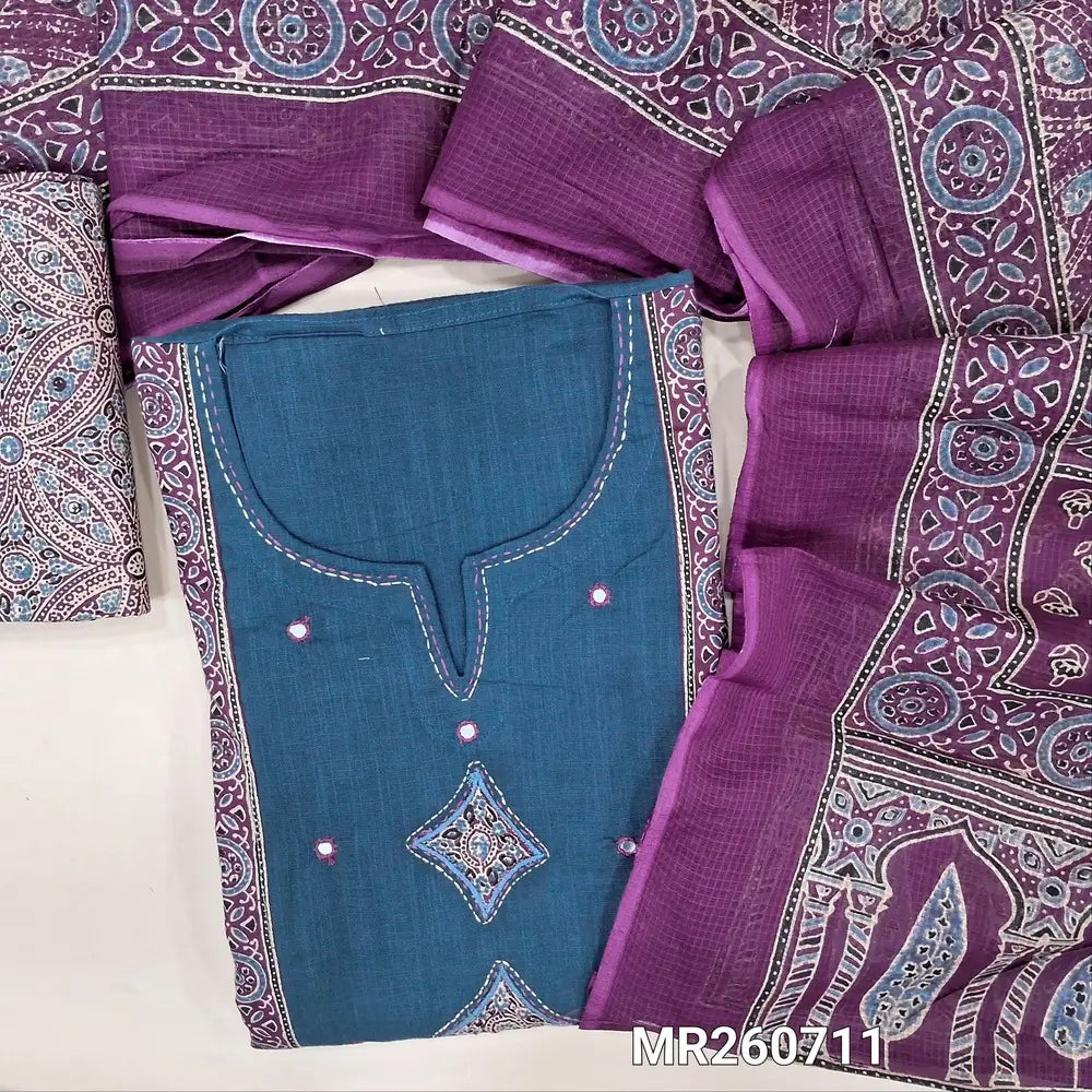 Blue premium cotton unstitched salwar material,round notch neck with kantha stitch, applique work and mirror, ajrak design on panel(lining optional) purple ajrak printed cotton bottom, ajrak printed kota cotton dupatta. MR260711