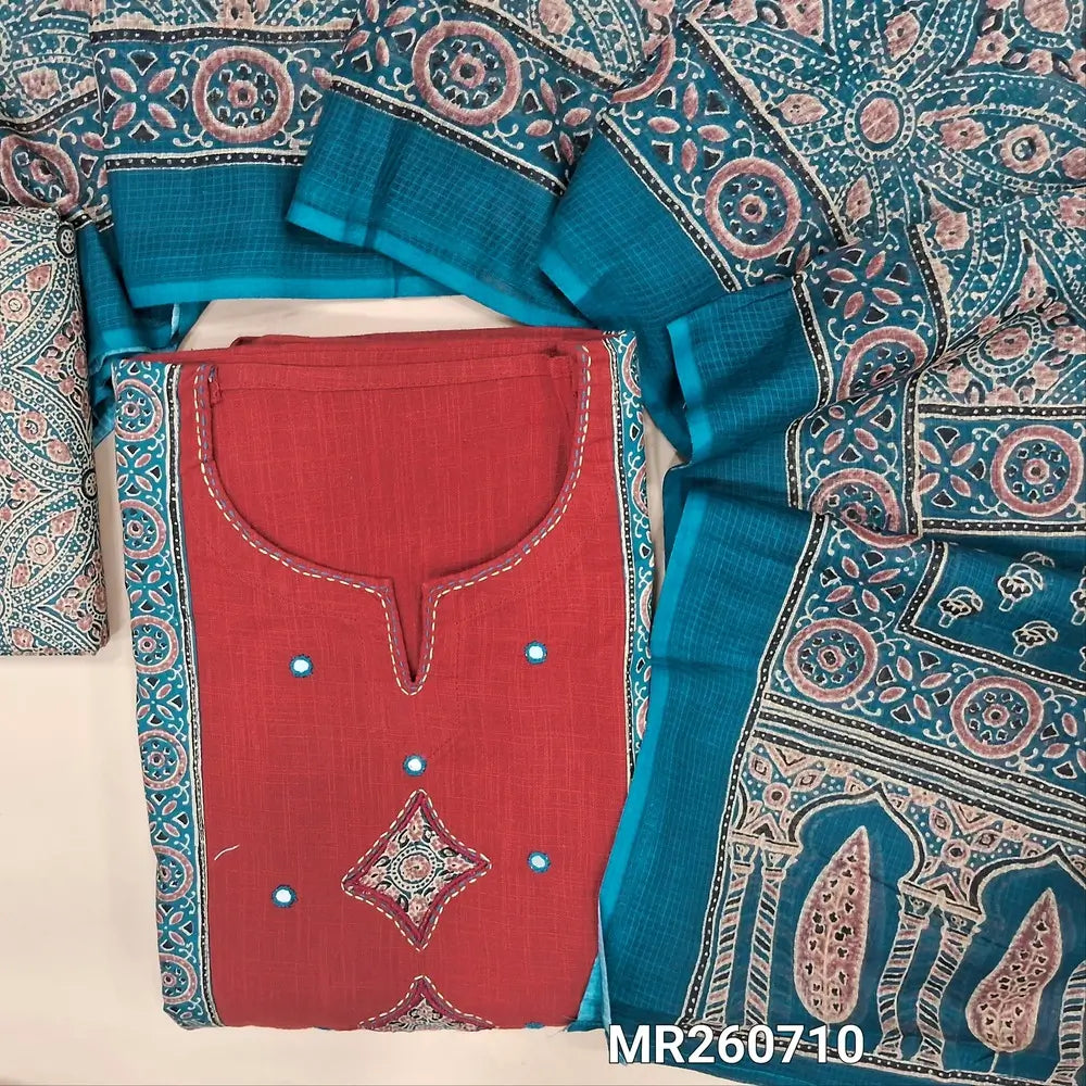 Dark maroon premium cotton unstitched salwar material,round notch neck with kantha stitch, applique work and mirror, ajrak design on panel(lining optional) teal blue ajrak printed cotton bottom, ajrak printed kota cotton dupatta. MR260710