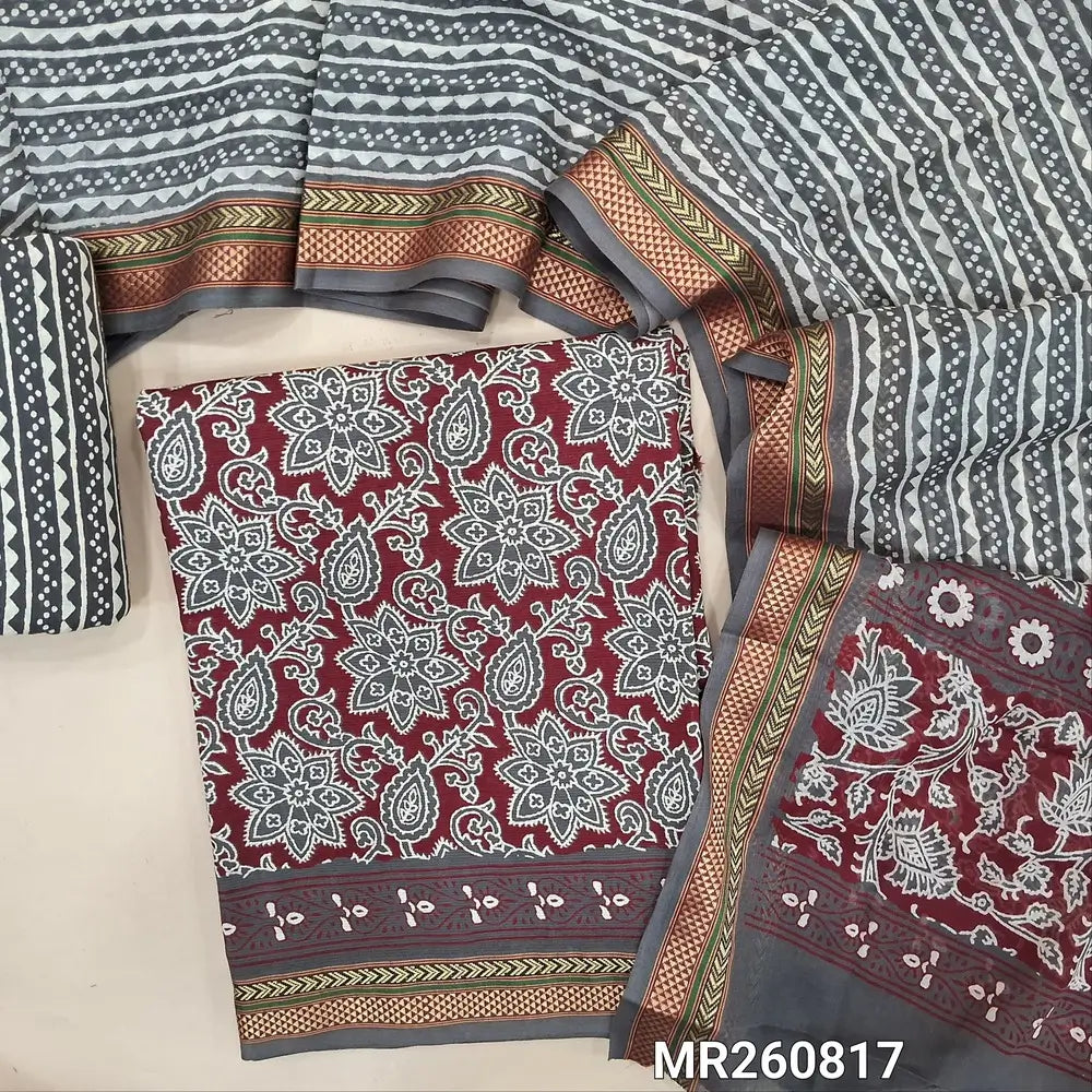 Maroon printed cotton unstitched salwar material, thread woven borders,(soft, lining needed) dark grey printed cotton bottom, printed full length mul cotton dupatta with thread woven borders (TAPPING NEEDED). MR260817