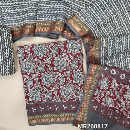 Maroon printed cotton unstitched salwar material, thread woven borders,(soft, lining needed) dark grey printed cotton bottom, printed full length mul cotton dupatta with thread woven borders (TAPPING NEEDED). MR260817