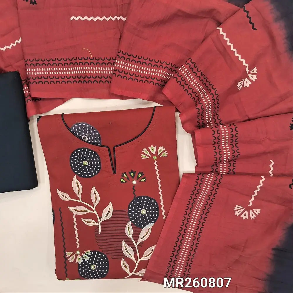 Maroon premium cotton unstitched salwar material,prints highlighted with kantha stitch on yoke,printed all over (lining optional)black cotton bottom, hand block printed and dual shaded mul cotton dupatta. MR260807