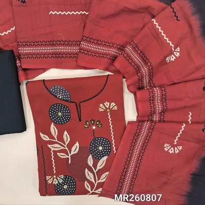 Maroon premium cotton unstitched salwar material,prints highlighted with kantha stitch on yoke,printed all over (lining optional)black cotton bottom, hand block printed and dual shaded mul cotton dupatta. MR260807