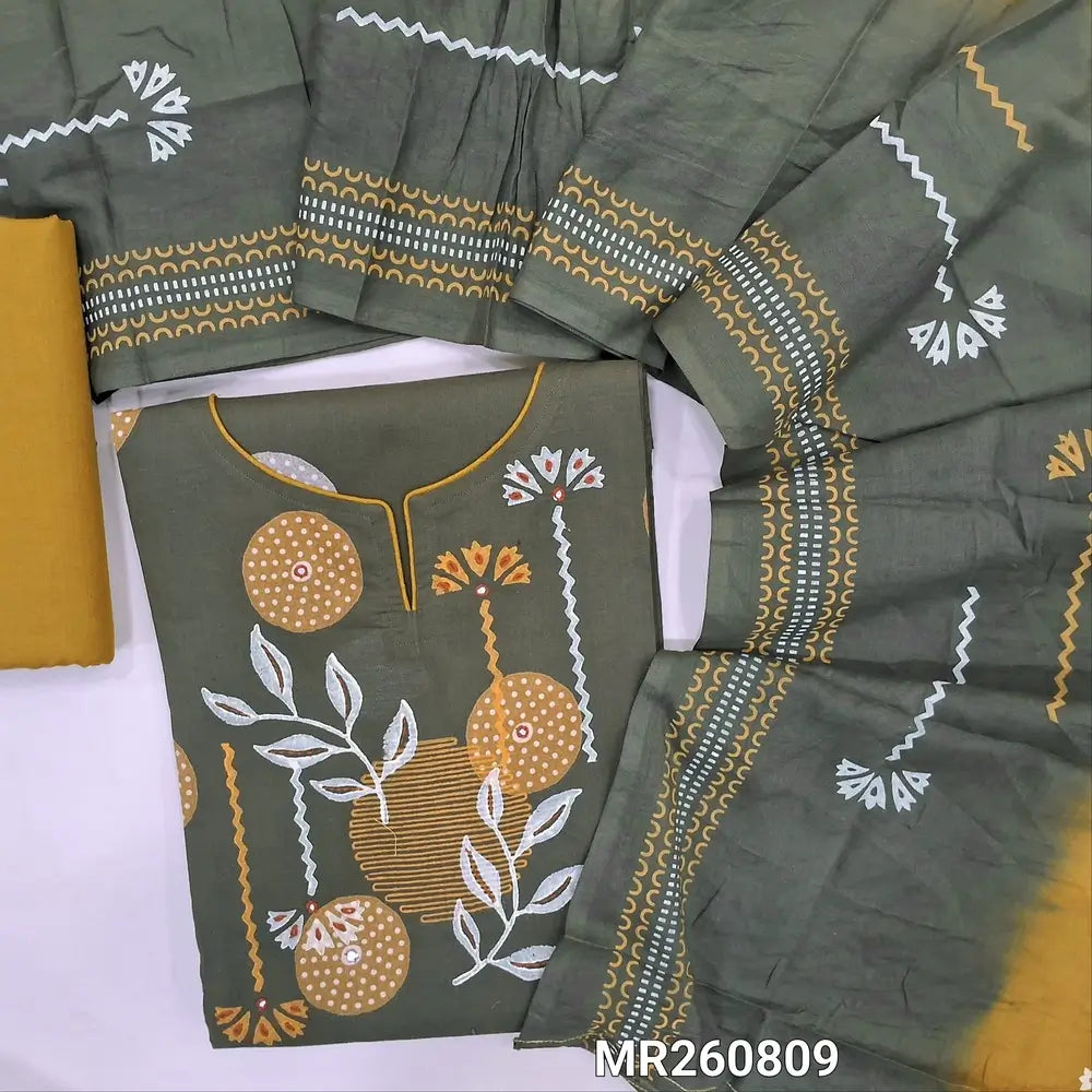 Olive green premium cotton unstitched salwar material,prints highlighted with kantha stitch on yoke,printed all over (lining optional)mehandhi yellow cotton bottom, hand block printed and dual shaded mul cotton dupatta. MR260809