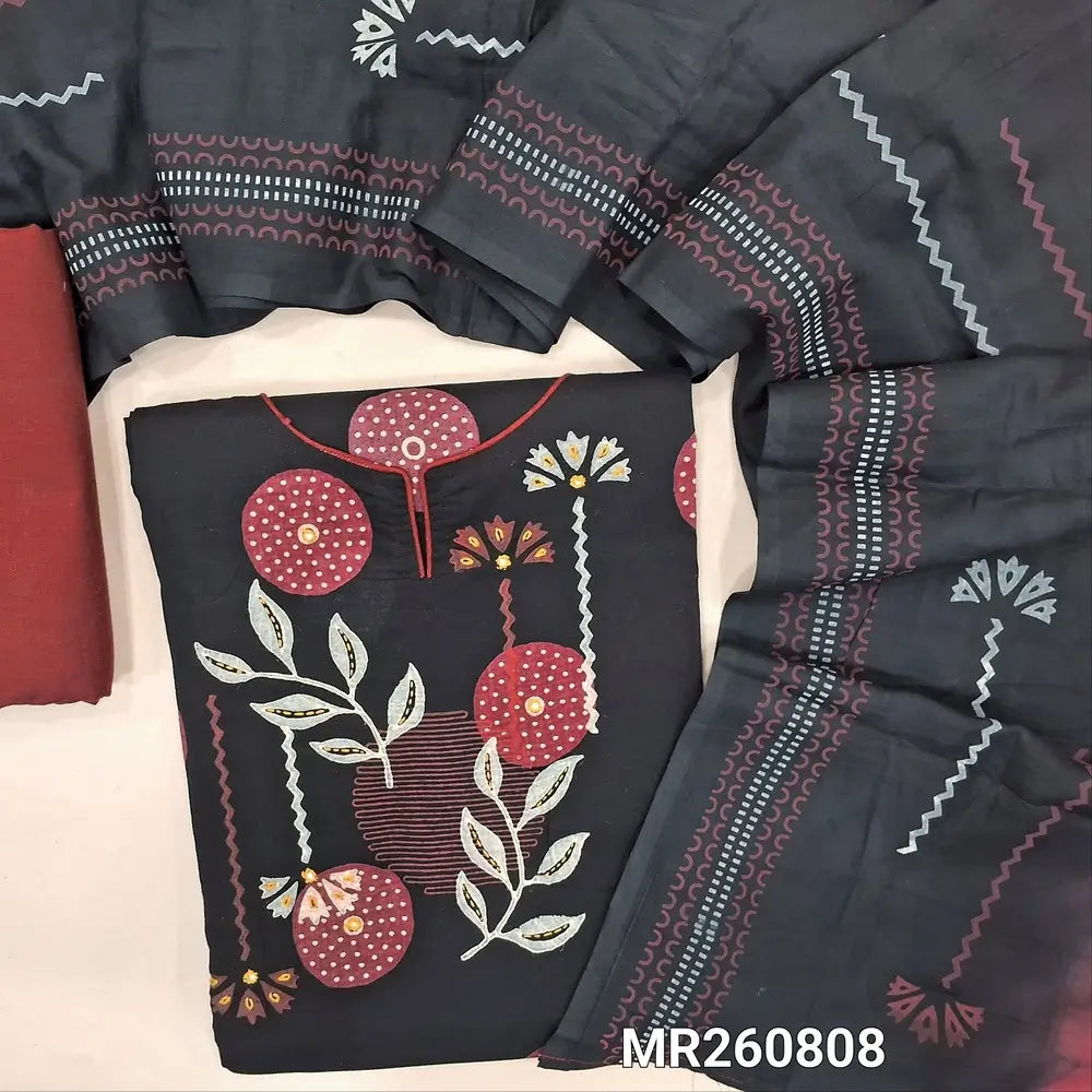 Black premium cotton unstitched salwar material,prints highlighted with kantha stitch on yoke,printed all over (lining optional)maroon cotton bottom, hand block printed and dual shaded mul cotton dupatta. MR260808