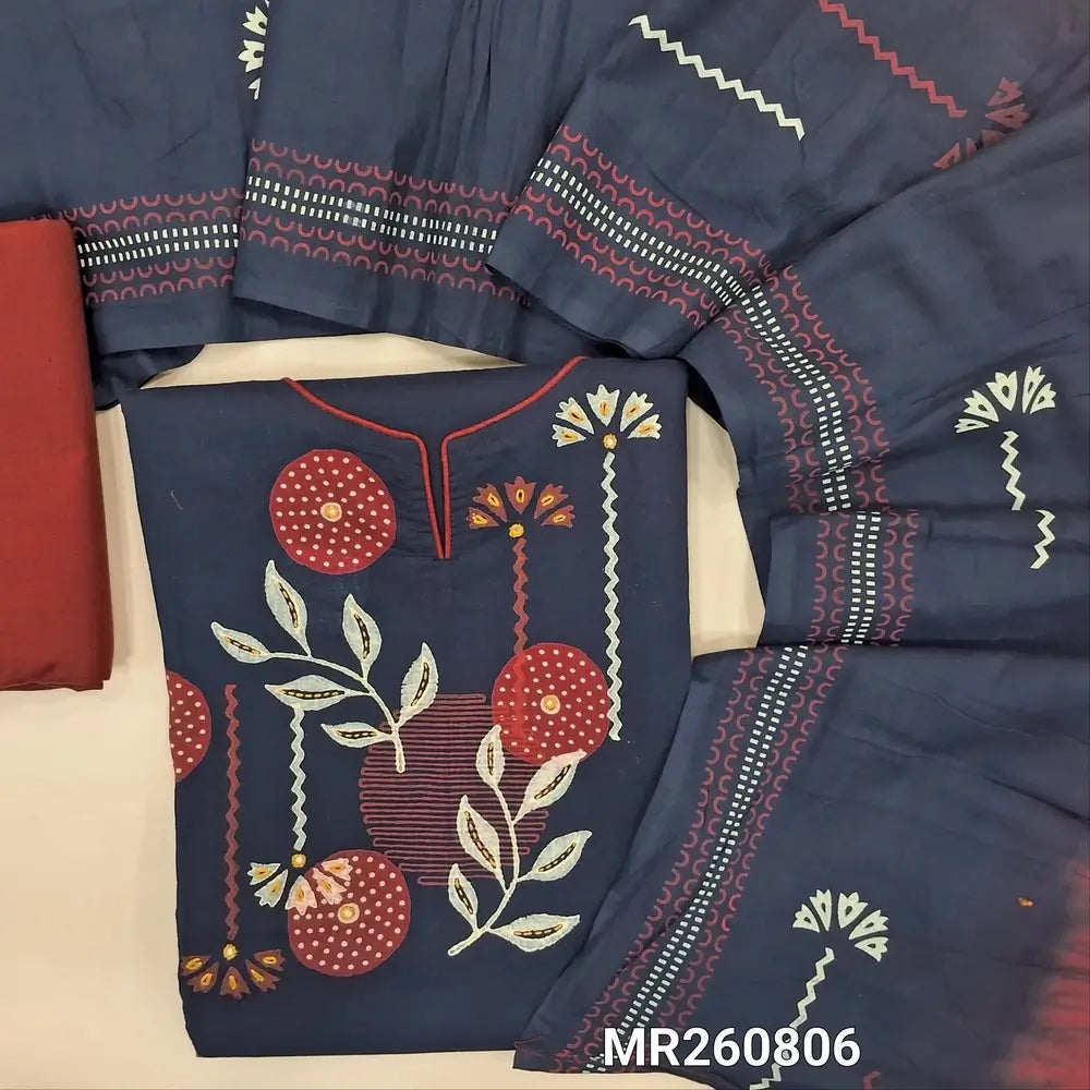 Dark blue premium cotton unstitched salwar material,prints highlighted with kantha stitch on yoke,printed all over (lining optional)maroon cotton bottom, hand block printed and dual shaded mul cotton dupatta. MR260806