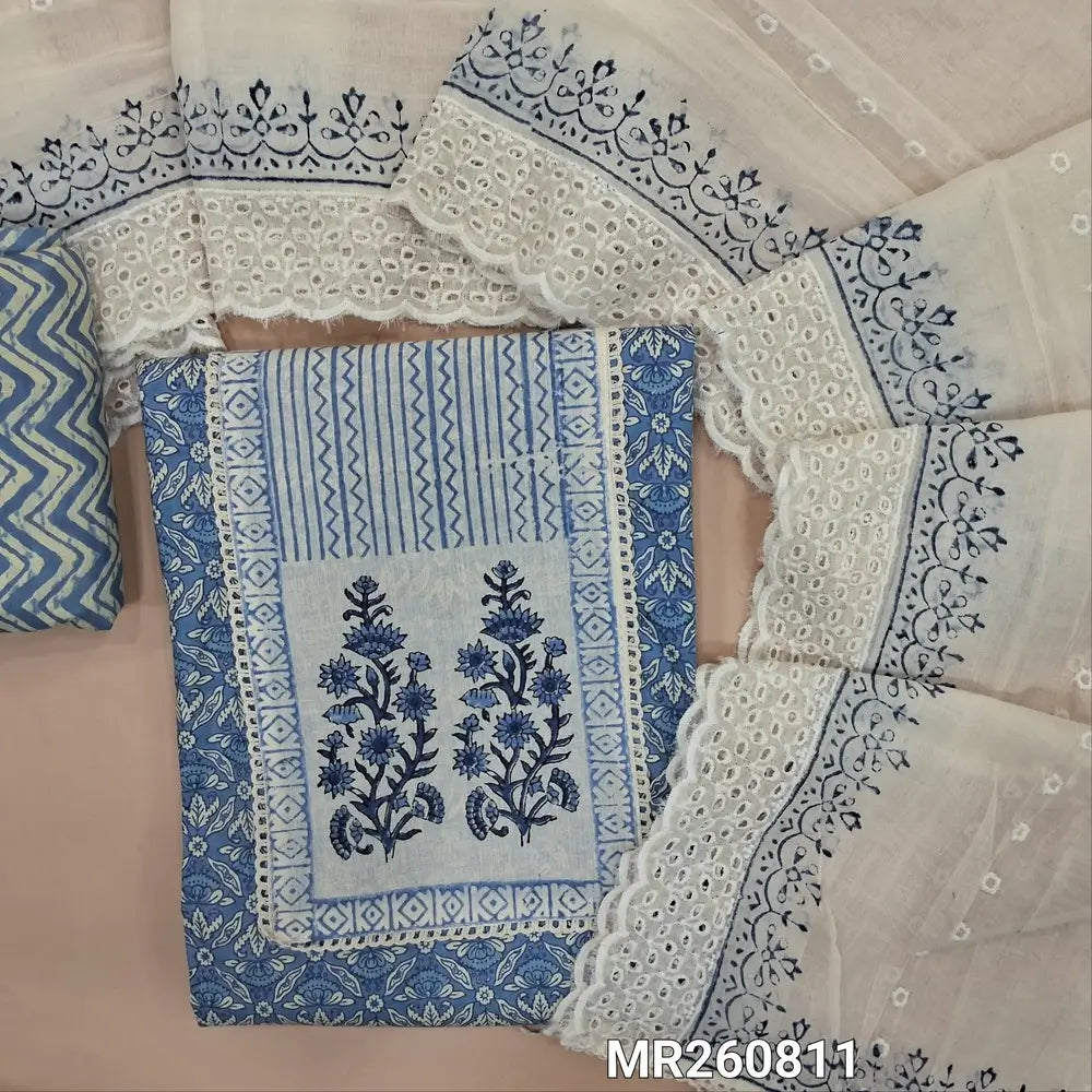 Denim blue printed cotton unstitched salwar material, hand block printed yoke with lace work(lining optional)zig zag printed cotton bottom, hand block printed mul cotton dupatta with cutwork and scallop edges. MR260811