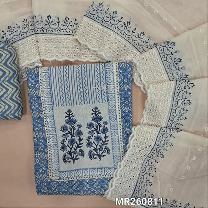 Denim blue printed cotton unstitched salwar material, hand block printed yoke with lace work(lining optional)zig zag printed cotton bottom, hand block printed mul cotton dupatta with cutwork and scallop edges. MR260811