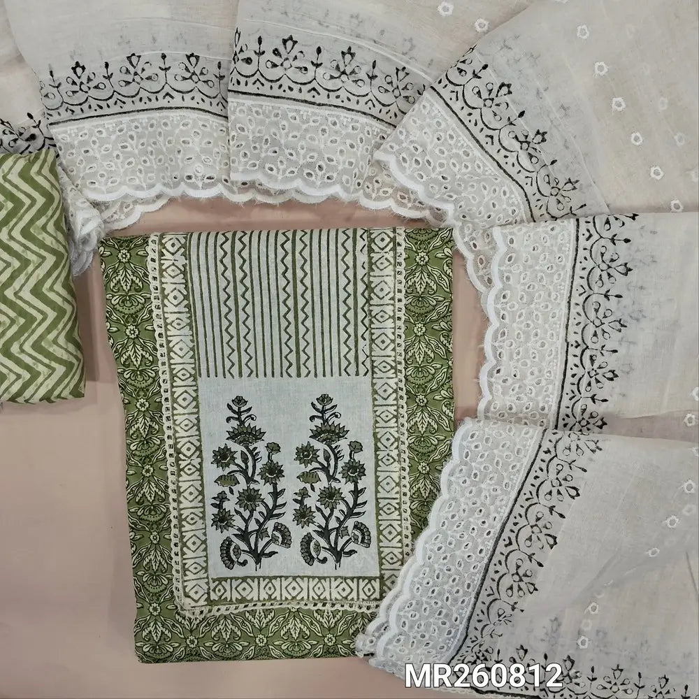 Light green printed cotton unstitched salwar material, hand block printed yoke with lace work(lining optional)zig zag printed cotton bottom, hand block printed mul cotton dupatta with cutwork and scallop edges. MR260812