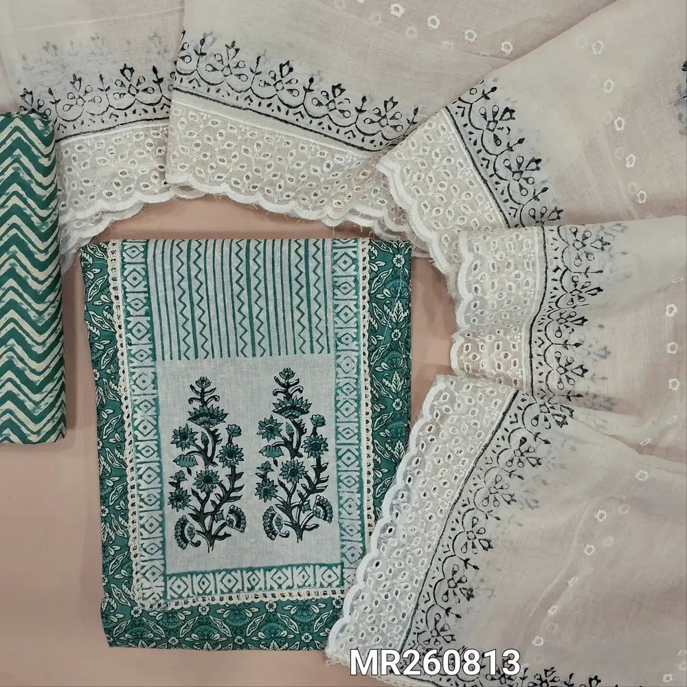 Teal blue printed cotton unstitched salwar material, hand block printed yoke with lace work(lining optional)zig zag printed cotton bottom, hand block printed mul cotton dupatta with cutwork and scallop edges. MR260813