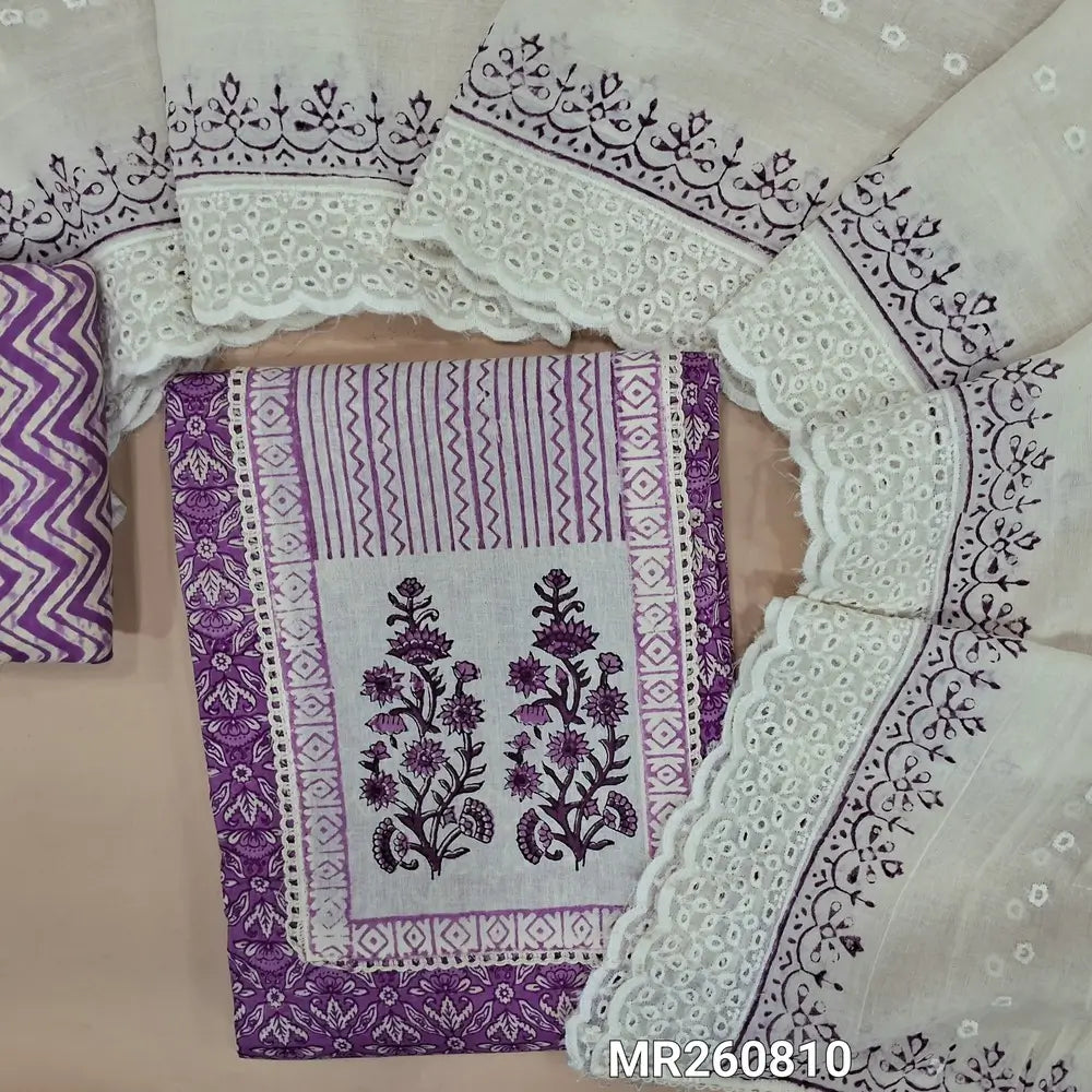 Purple printed cotton unstitched salwar material, hand block printed yoke with lace work(lining optional)zig zag printed cotton bottom, hand block printed mul cotton dupatta with cutwork and scallop edges. MR260810