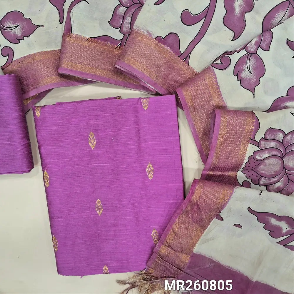 Lotus pink premium raw silk unstitched salwar material (textured, Lining optional) zari weaving all over,matching raw silk bottom, pen kalamkari chennuri silk dupatta with nizam borders. MR260805