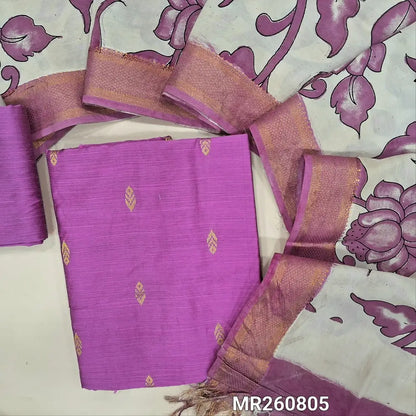 Lotus pink premium raw silk unstitched salwar material (textured, Lining optional) zari weaving all over,matching raw silk bottom, pen kalamkari chennuri silk dupatta with nizam borders. MR260805