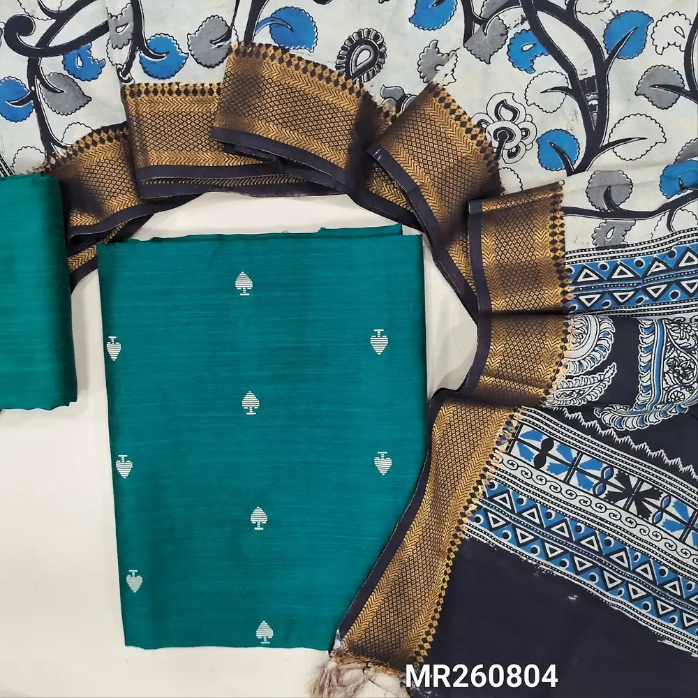 Dark teal Blue premium raw silk unstitched salwar material (textured, Lining optional) thread weaving all over,matching raw silk bottom, pen kalamkari chennuri silk dupatta with nizam borders. MR260804