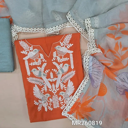 Bright orange pure mul chanderi unstitched salwar material, embroidery and bead wok on yoke (Thin, Lightweight, Lining Needed) silver grey santoon bottom, digital printed pure organza short width dupatta with lace taping. MR260819