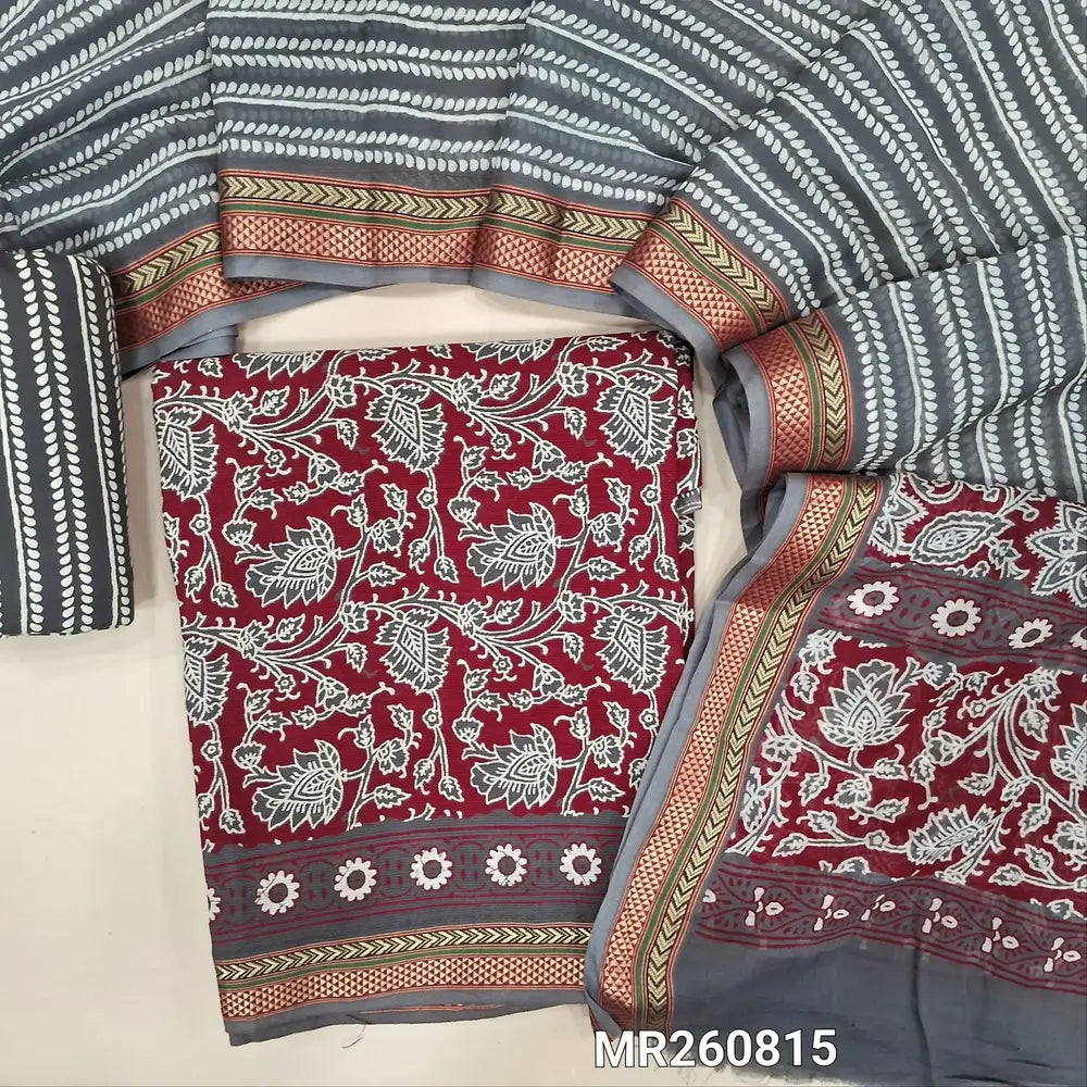 Maroon printed cotton unstitched salwar material, thread woven borders,(soft, lining needed) dark grey printed cotton bottom, printed full length mul cotton dupatta with thread woven borders (TAPPING NEEDED). MR260815