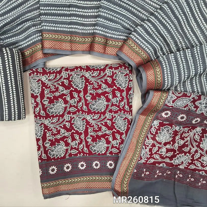 Maroon printed cotton unstitched salwar material, thread woven borders,(soft, lining needed) dark grey printed cotton bottom, printed full length mul cotton dupatta with thread woven borders (TAPPING NEEDED). MR260815