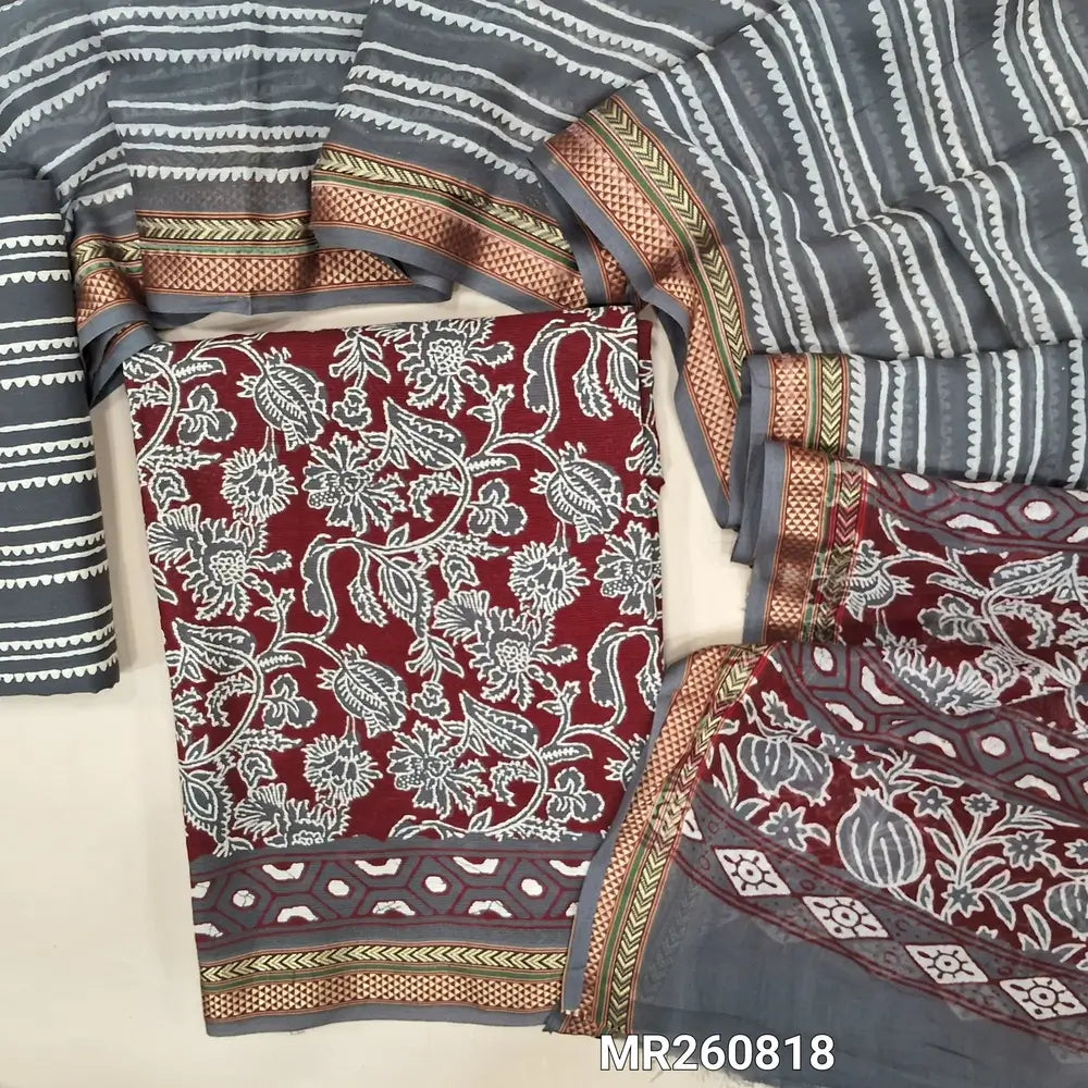 Maroon printed cotton unstitched salwar material, thread woven borders,(soft, lining needed) dark grey printed cotton bottom, printed full length mul cotton dupatta with thread woven borders (TAPPING NEEDED). MR260818