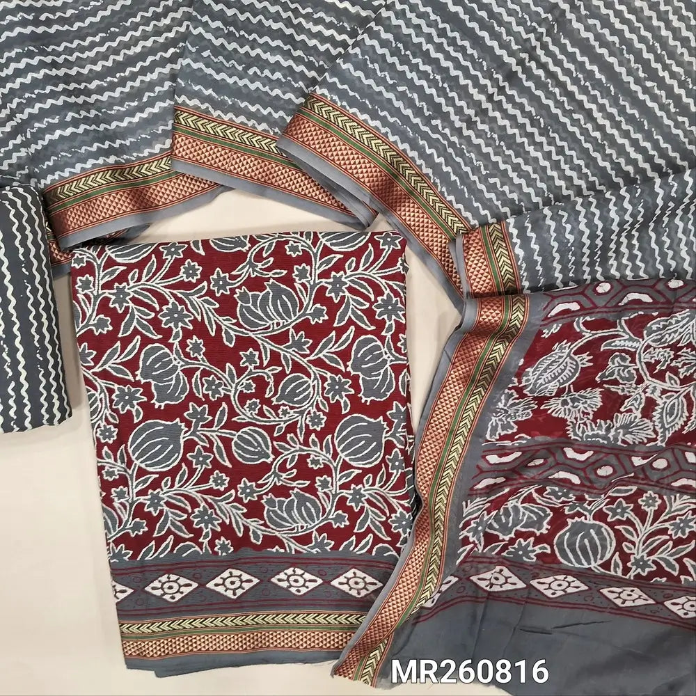 Maroon printed cotton unstitched salwar material, thread woven borders,(soft, lining needed) dark grey printed cotton bottom, printed full length mul cotton dupatta with thread woven borders (TAPPING NEEDED). MR260816