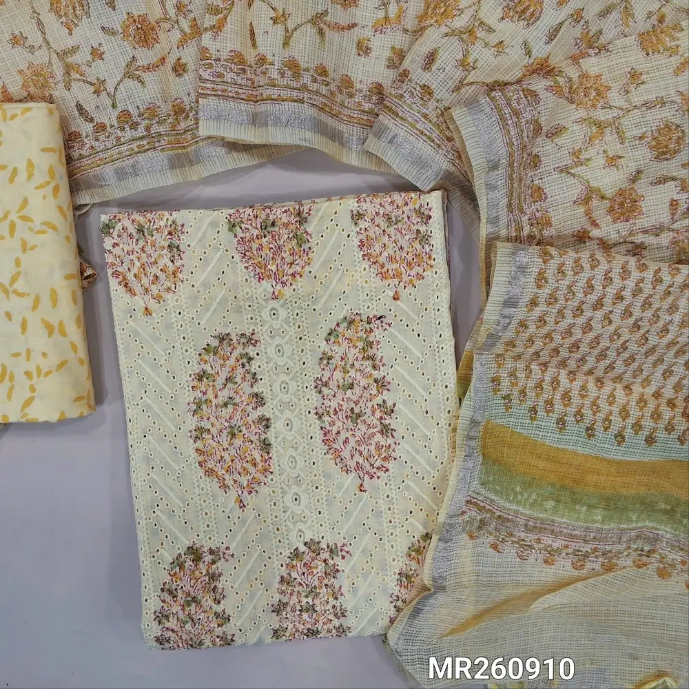 Pastel yellow block printed schiffli embroidered mul cotton unstitched salwar material, panel pattern on front(lining needed)block printed cotton bottom, block printed kota cotton dupatta with gold tissue border. MR260910