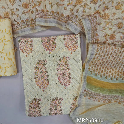 Pastel yellow block printed schiffli embroidered mul cotton unstitched salwar material, panel pattern on front(lining needed)block printed cotton bottom, block printed kota cotton dupatta with gold tissue border. MR260910
