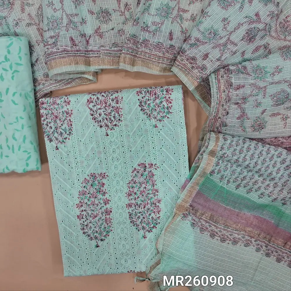 Pastel blue block printed schiffli embroidered mul cotton unstitched salwar material, panel pattern on front(lining needed)block printed cotton bottom, block printed kota cotton dupatta with gold tissue border. MR260908