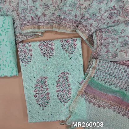 Pastel blue block printed schiffli embroidered mul cotton unstitched salwar material, panel pattern on front(lining needed)block printed cotton bottom, block printed kota cotton dupatta with gold tissue border. MR260908