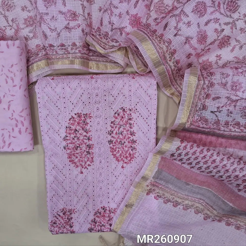 Pastel pink block printed schiffli embroidered mul cotton unstitched salwar material, panel pattern on front(lining needed)block printed cotton bottom, block printed kota cotton dupatta with gold tissue border. MR260907