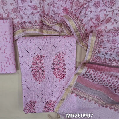 Pastel pink block printed schiffli embroidered mul cotton unstitched salwar material, panel pattern on front(lining needed)block printed cotton bottom, block printed kota cotton dupatta with gold tissue border. MR260907