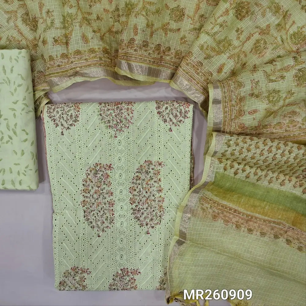 Pastel green block printed schiffli embroidered mul cotton unstitched salwar material, panel pattern on front(lining needed)block printed cotton bottom, block printed kota cotton dupatta with gold tissue border. MR260909